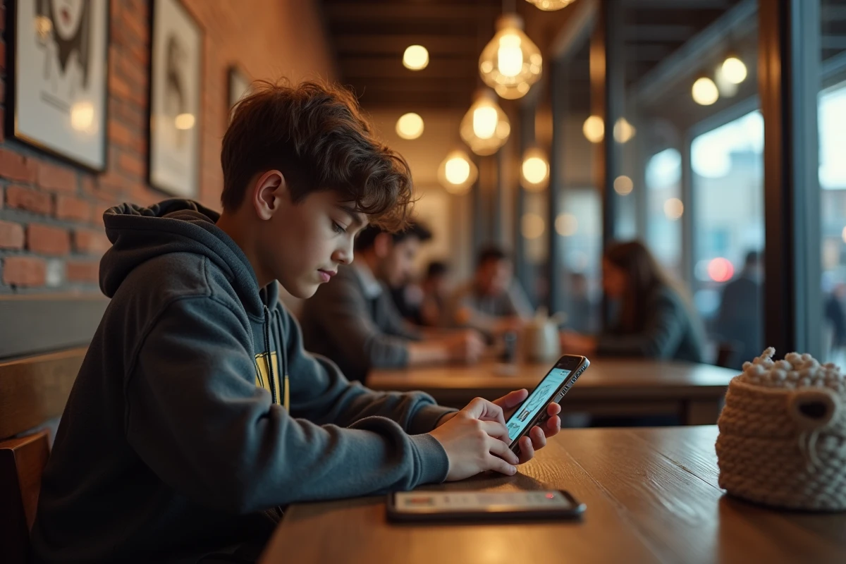 Adolescent au café regardant son smartphone avec webtoons