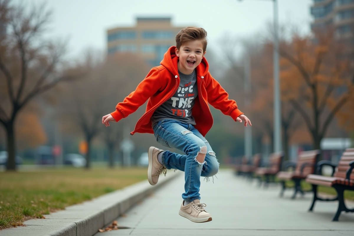 Adolescent en streetwear sautant dans un parc urbain