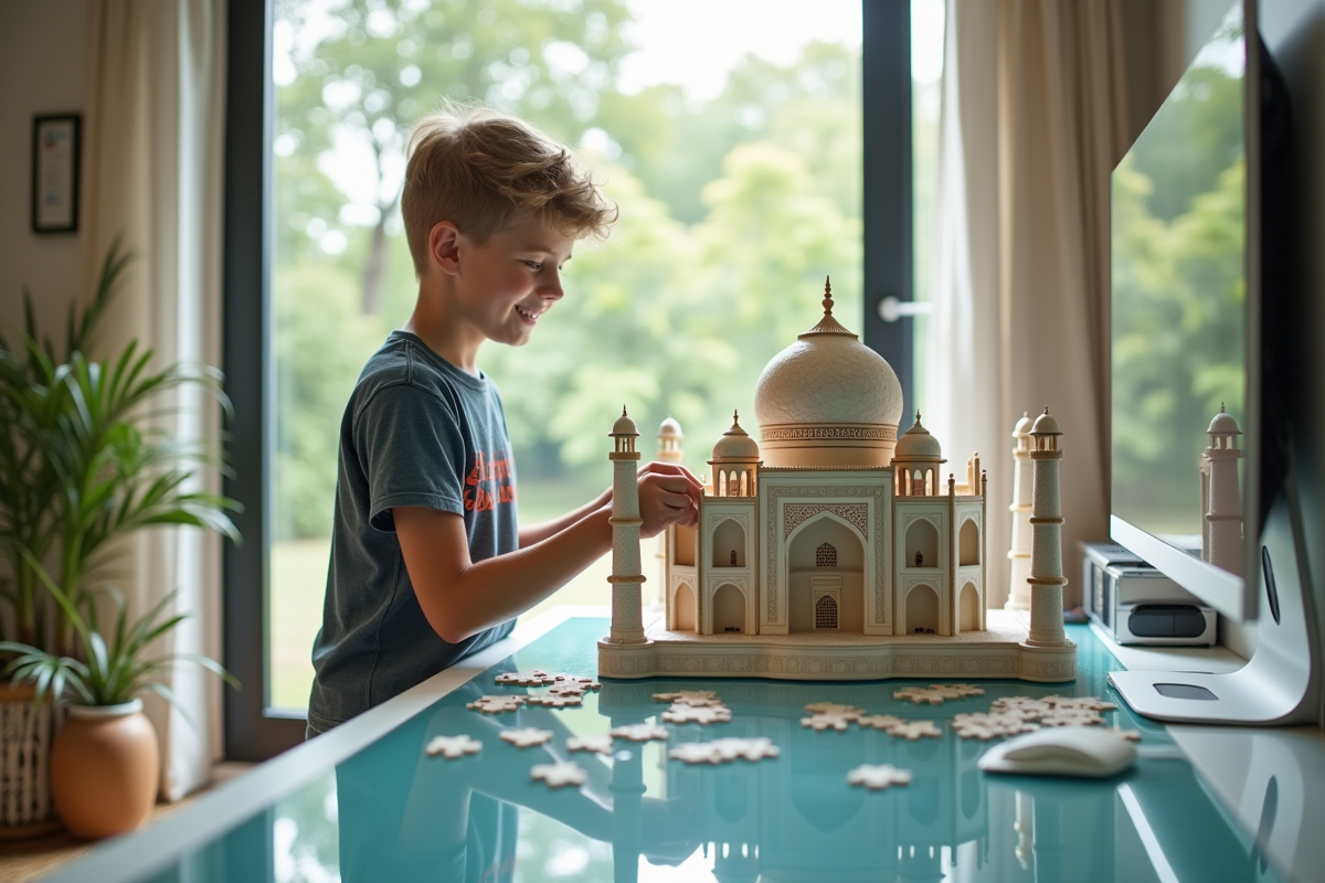 Adolescent assemble modèle Taj Mahal à la maison