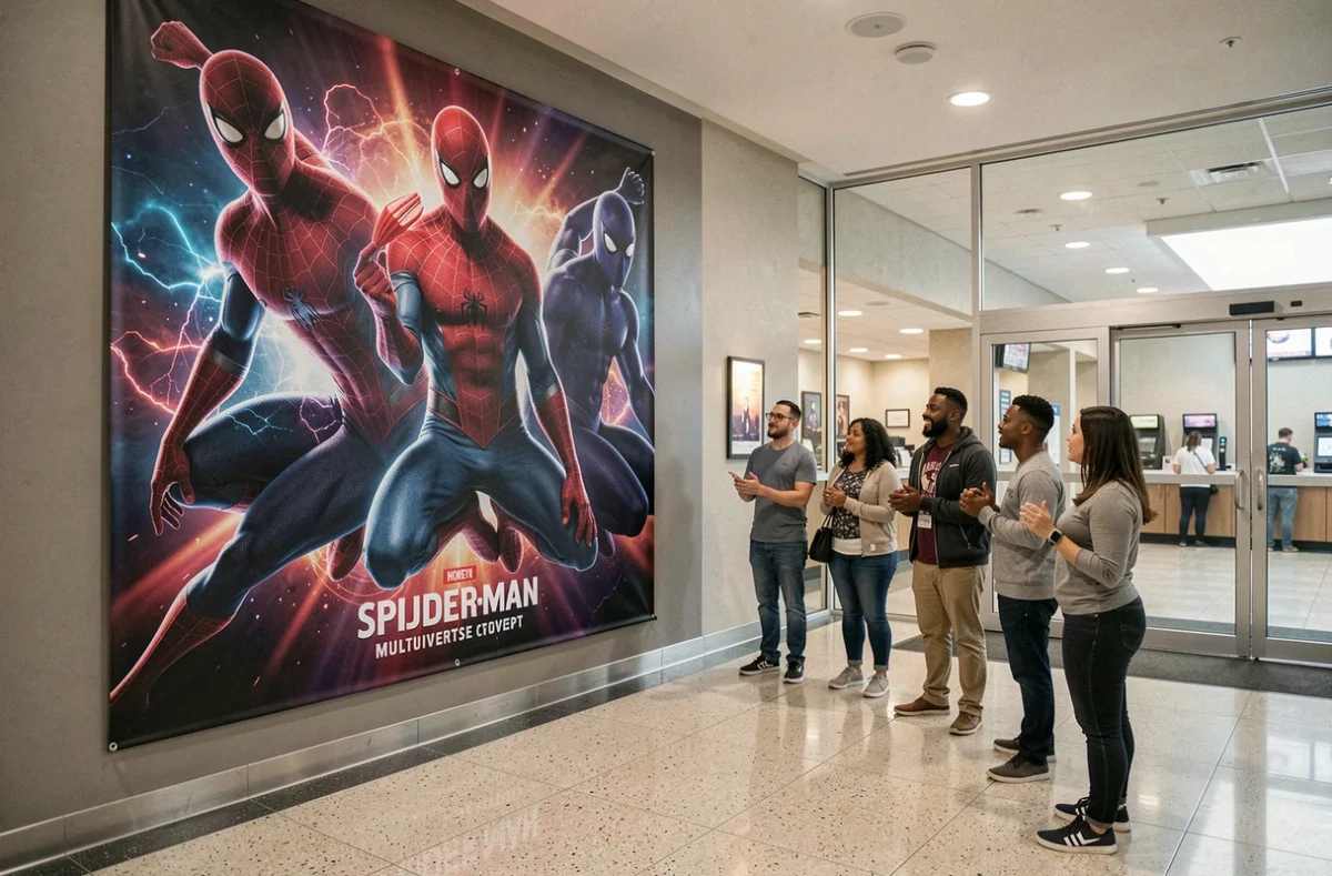 Affiche promotionnelle géante Spider-Man multivers dans le hall d'un cinéma moderne avec des spectateurs curieux