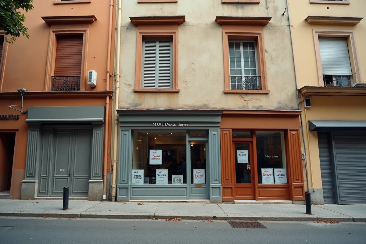Agence immobilière en rez-de-chaussée affichant des prix dans un quartier populaire de Marseille avec des immeubles résidentiels