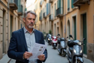 Agent immobilier tenant une fiche de prix dans une rue du quartier nord de Marseille avec des immeubles anciens en arrière-plan