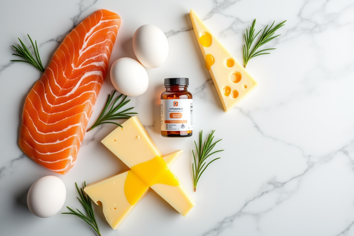 Aliments riches en vitamine D en disposition créative sur marbre blanc