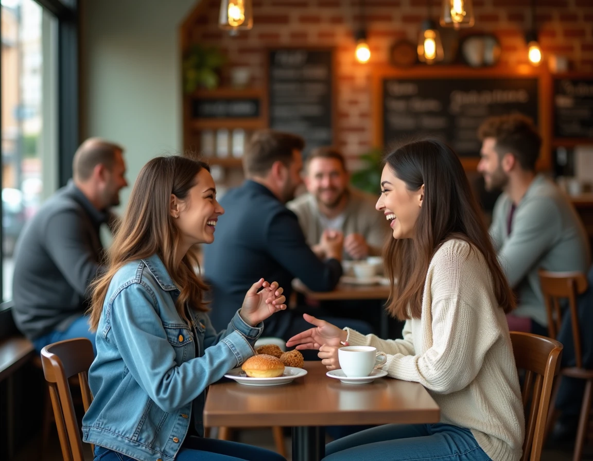 Deux amis dans un café riant en se racontant leur soirée de la veille autour d'un café et de viennoiseries