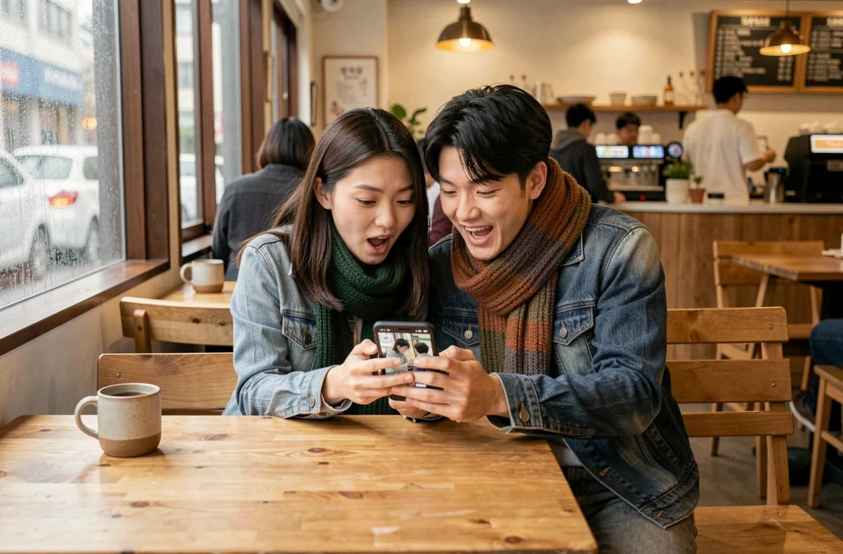 Deux amis partageant la lecture d'un manhwa sur smartphone dans un café coréen cosy en automne