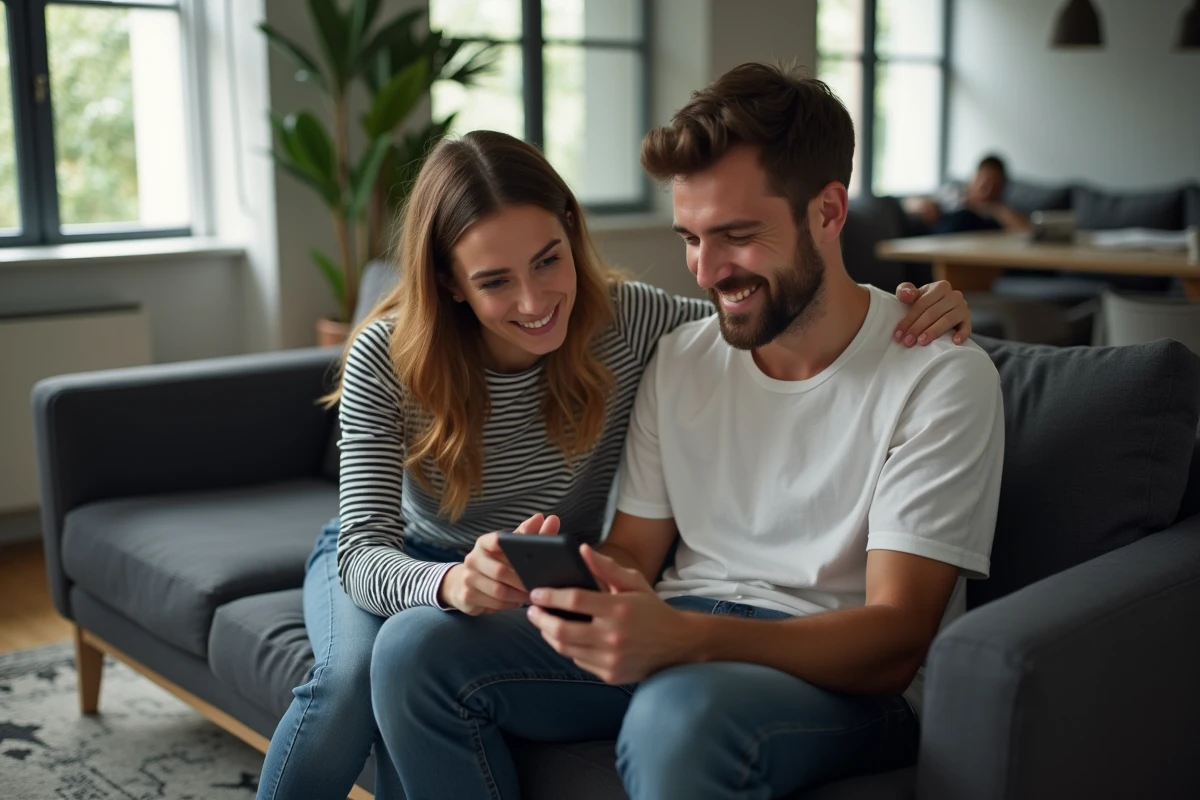 Deux amis consultant ensemble une application de suivi de séries sur smartphone dans un appartement moderne