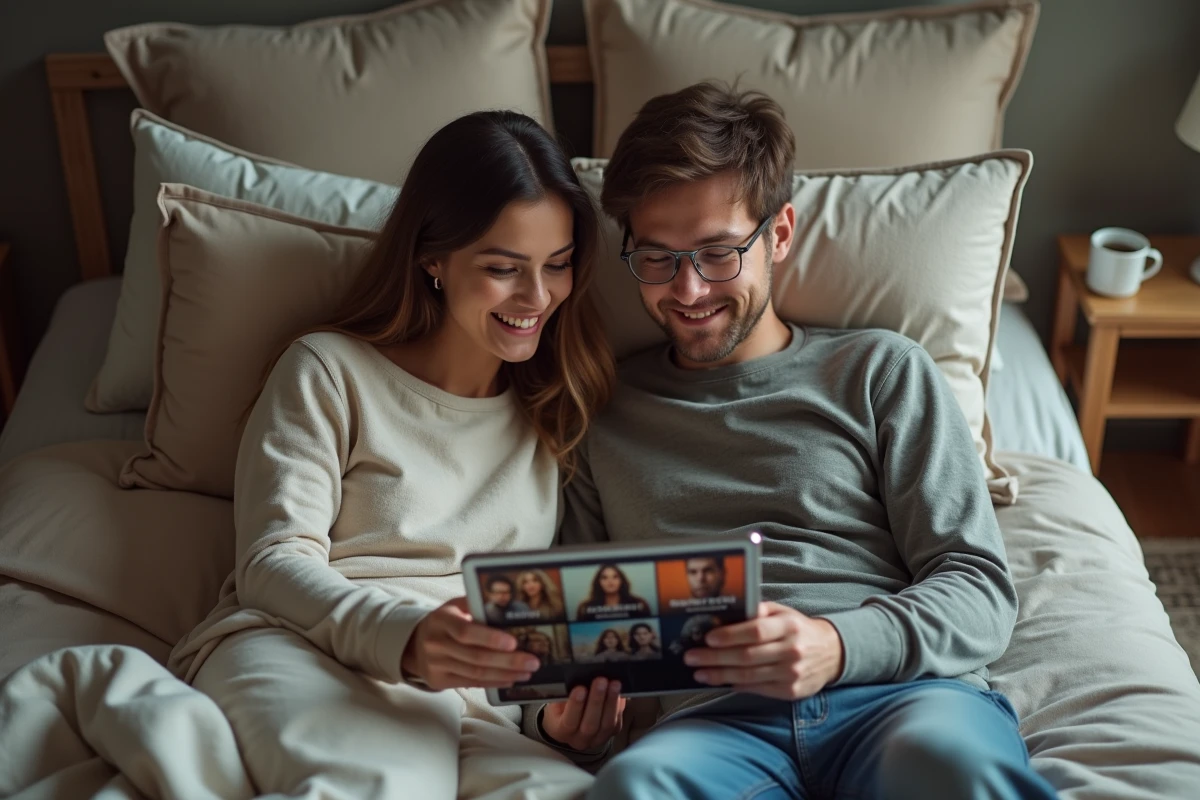 Deux amis consultant ensemble une application de suivi de séries sur une tablette dans une chambre