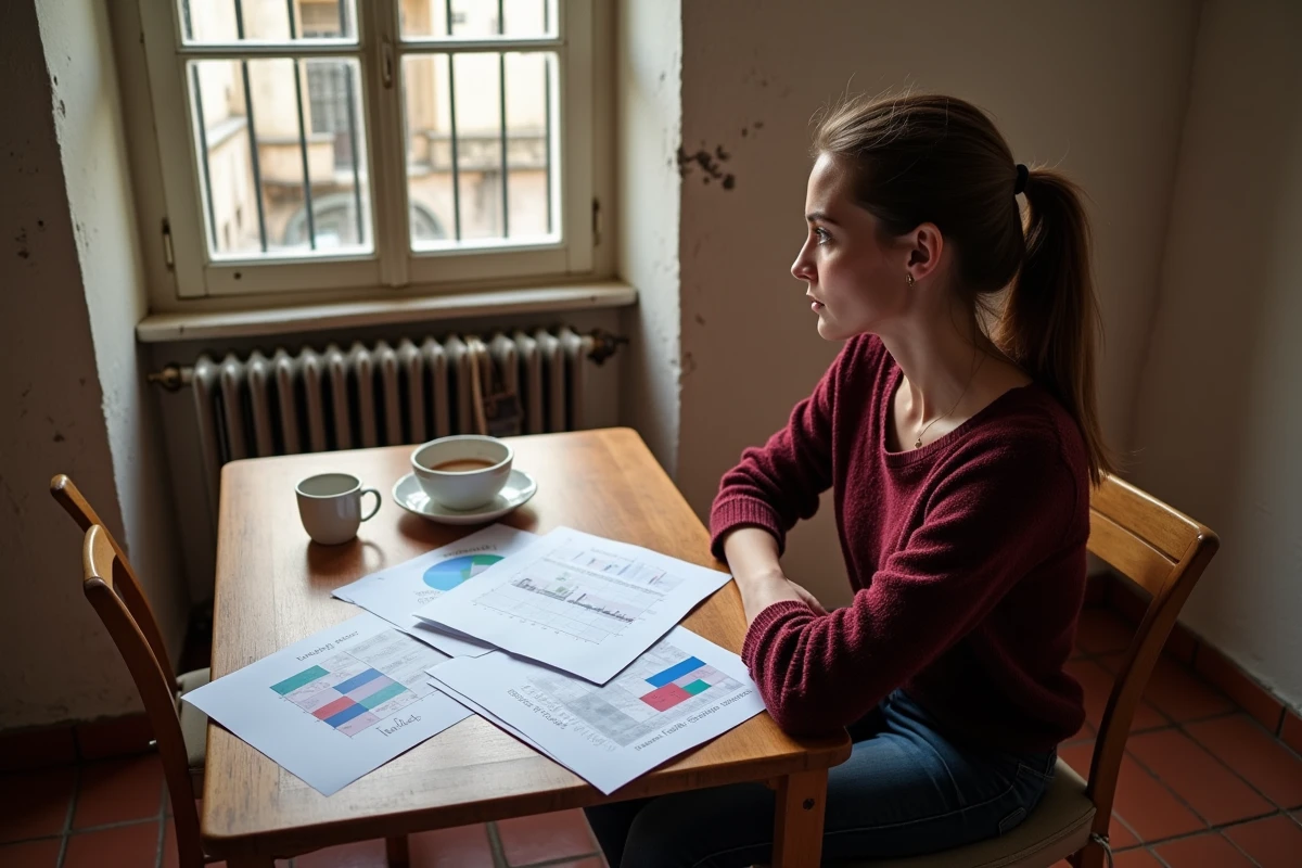 Jeune femme analysant des rapports de sécurité et des prix immobiliers dans un appartement de Marseille avec des barreaux à la fenêtre