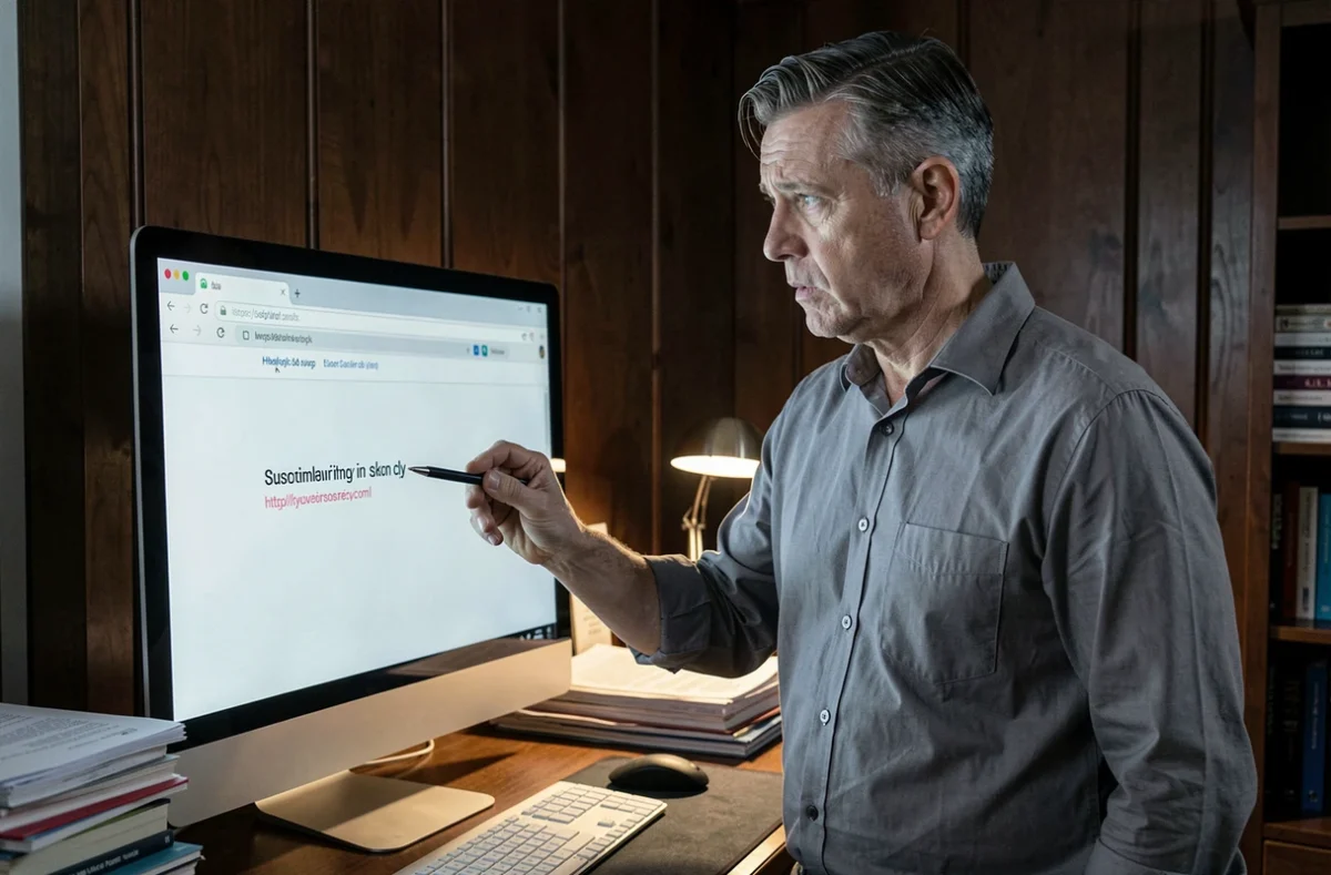 Homme analysant une URL suspecte sur un écran d'ordinateur de bureau pour identifier un lien de redirection frauduleux