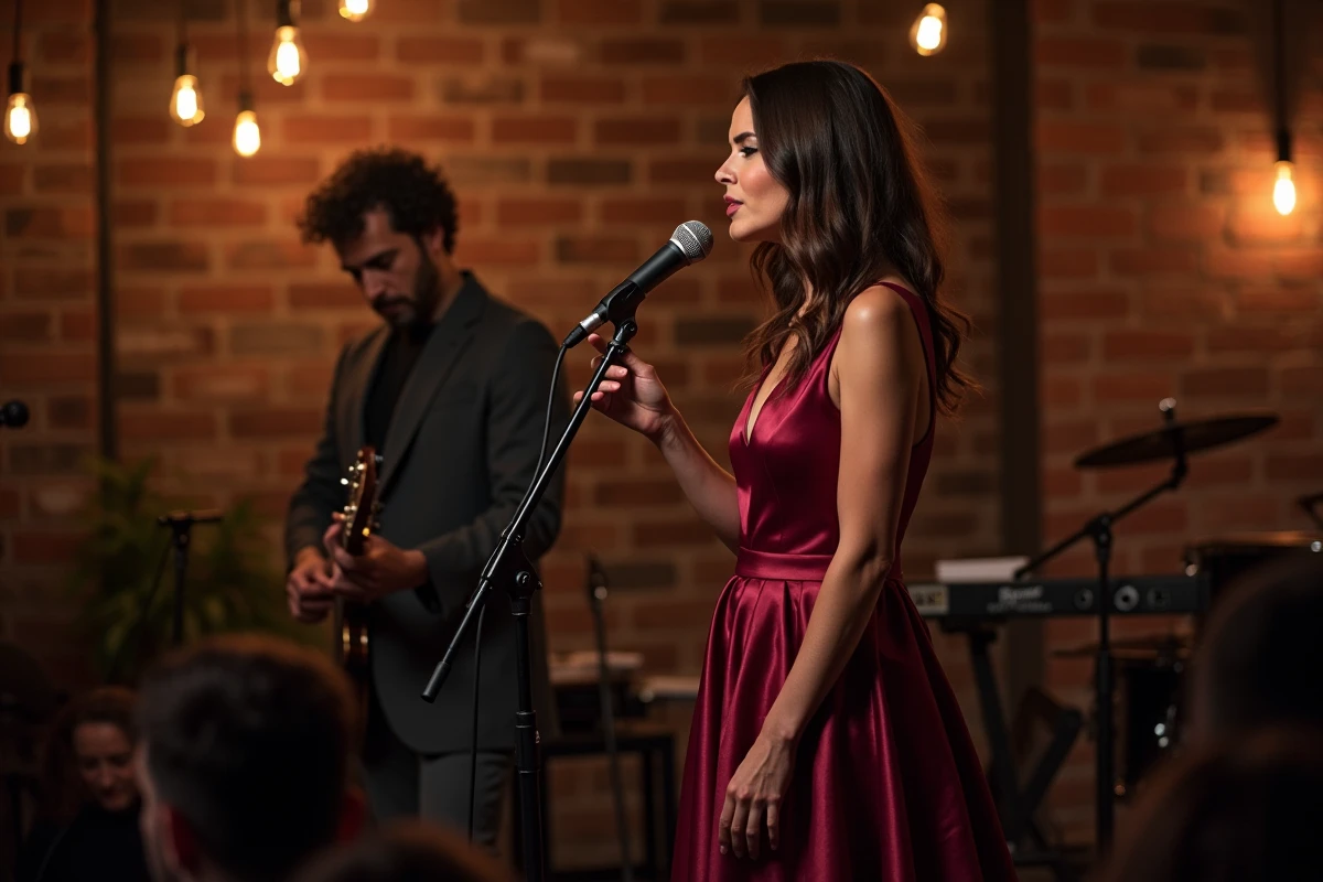 Anne Sila en performance sur scène soutenue par David Kammenos en coulisses lors d'un concert intime