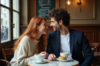 Couple complice dans un café parisien illustrant la relation d'Anne Sila et David Kammenos en 2026