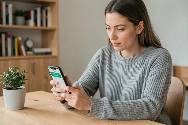Femme regardant un appel entrant avec l'indicatif +31 des Pays-Bas sur son smartphone