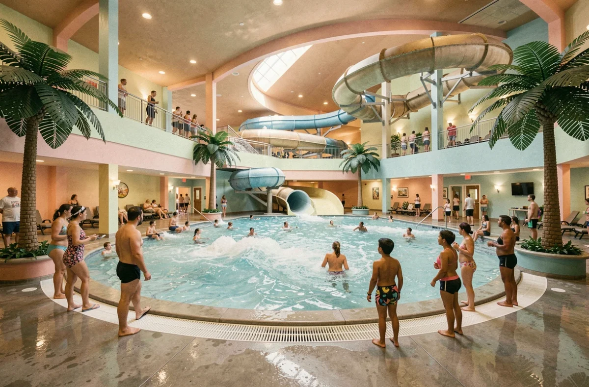 Intérieur de l'Aqualud au Touquet-Paris-Plage avec la piscine à vagues et les toboggans couverts, ambiance parc aquatique familial