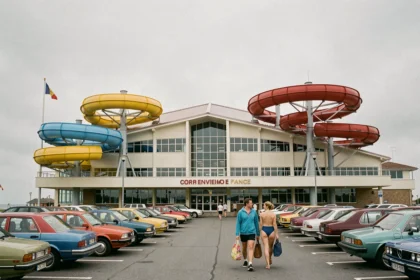 Façade extérieure du parc aquatique Aqualud au Touquet avec ses toboggans colorés caractéristiques, ambiance archive années 80