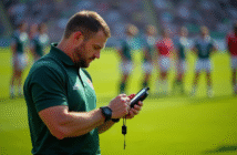Arbitre rugby vérifiant un chronomètre sur le terrain
