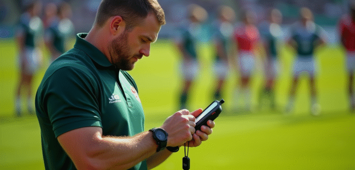 Arbitre rugby vérifiant un chronomètre sur le terrain