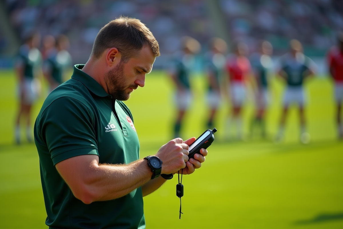 Arbitre rugby vérifiant un chronomètre sur le terrain