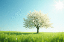 Arbre en fleurs blanches dans un champ ensoleille