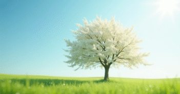 Arbre en fleurs blanches dans un champ ensoleille