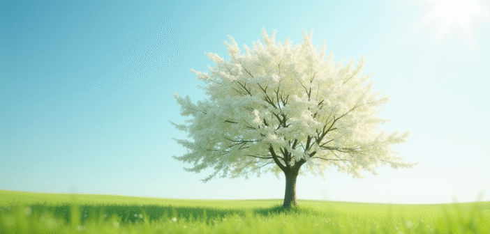 Arbre en fleurs blanches dans un champ ensoleille