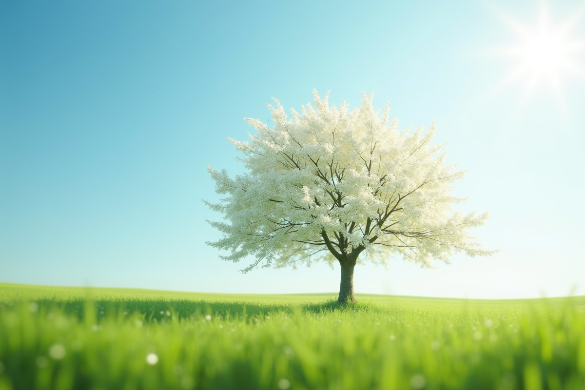 Arbre en fleurs blanches dans un champ ensoleille