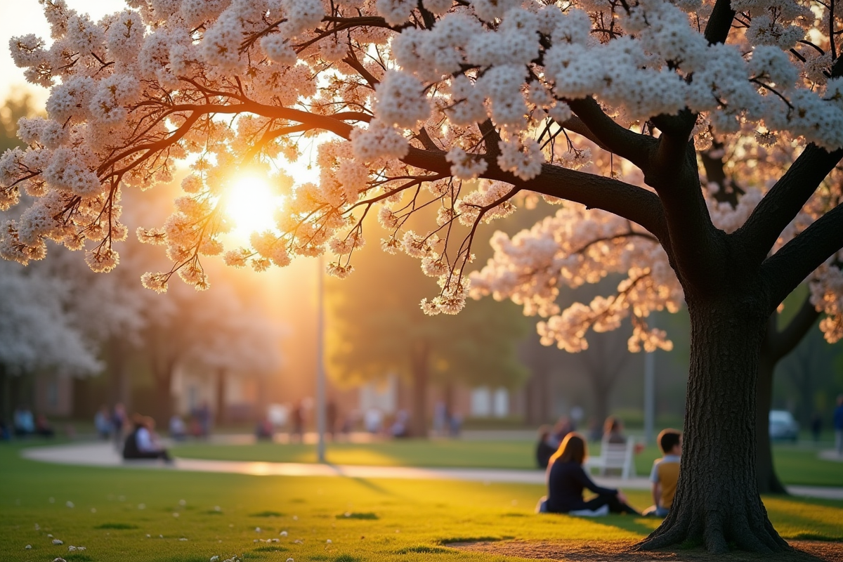 Arbre en fleurs dans un parc urbain au coucher de soleil