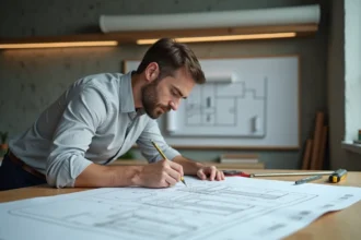 Architecte calculant des conversions de mètres carrés en mètres cubes sur des plans techniques dans un studio moderne