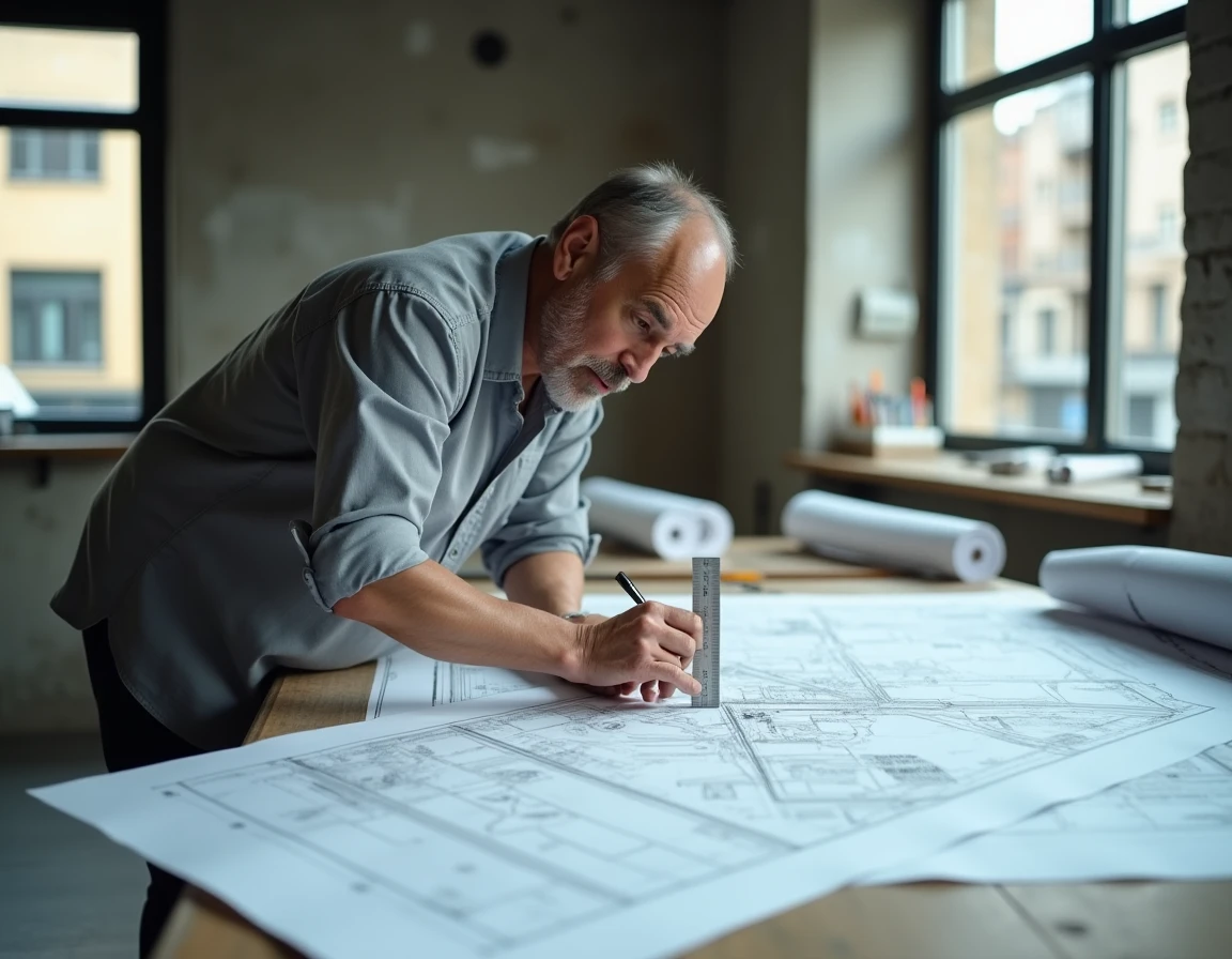 Architecte utilisant une règle double échelle pouces et centimètres pour vérifier les mesures sur un plan technique dans un studio d'architecture urbain