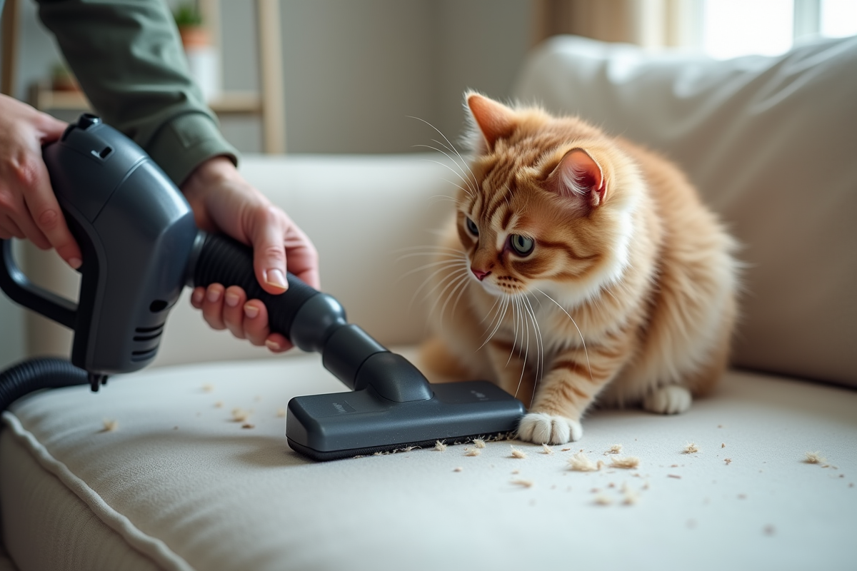 Mains aspirant des poils de chat sur un canapé clair