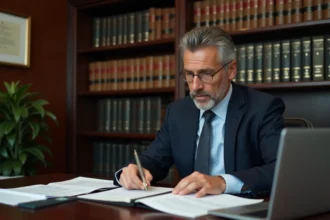 Avocat en costume marine assis à son bureau consultant des documents juridiques pour le calcul de remise de peine bracelet électronique
