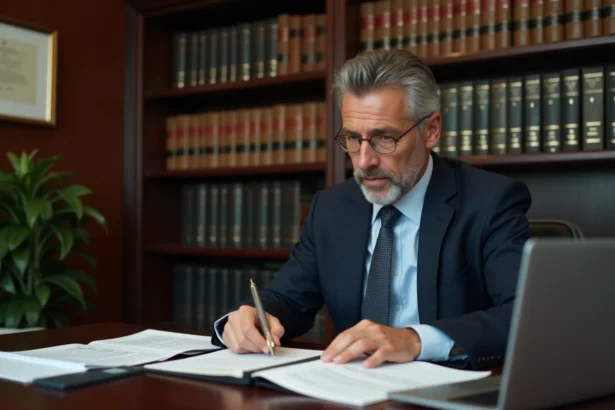 Avocat en costume marine assis à son bureau consultant des documents juridiques pour le calcul de remise de peine bracelet électronique