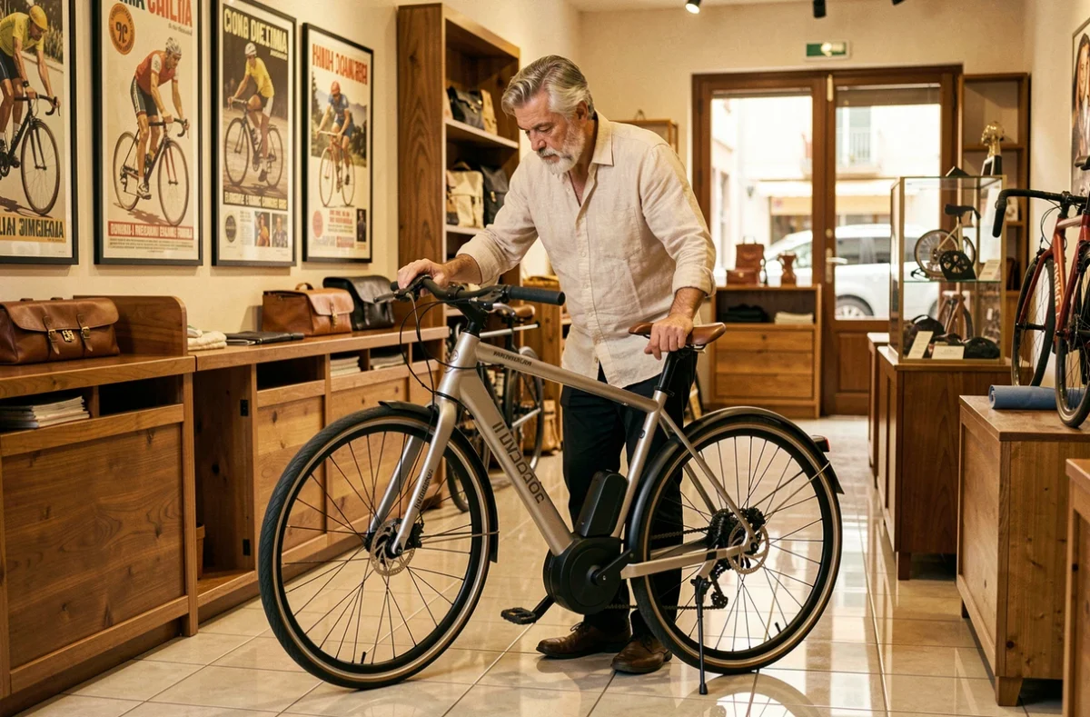 Propriétaire prenant soin d'un vélo électrique de marque italienne dans la boutique Bicicletta Shop Nice