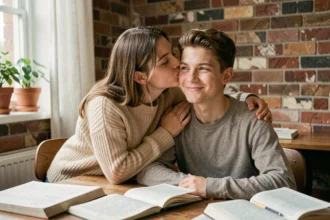 Jeune femme embrassant tendrement la joue d'un étudiant pour l'encourager avant un examen