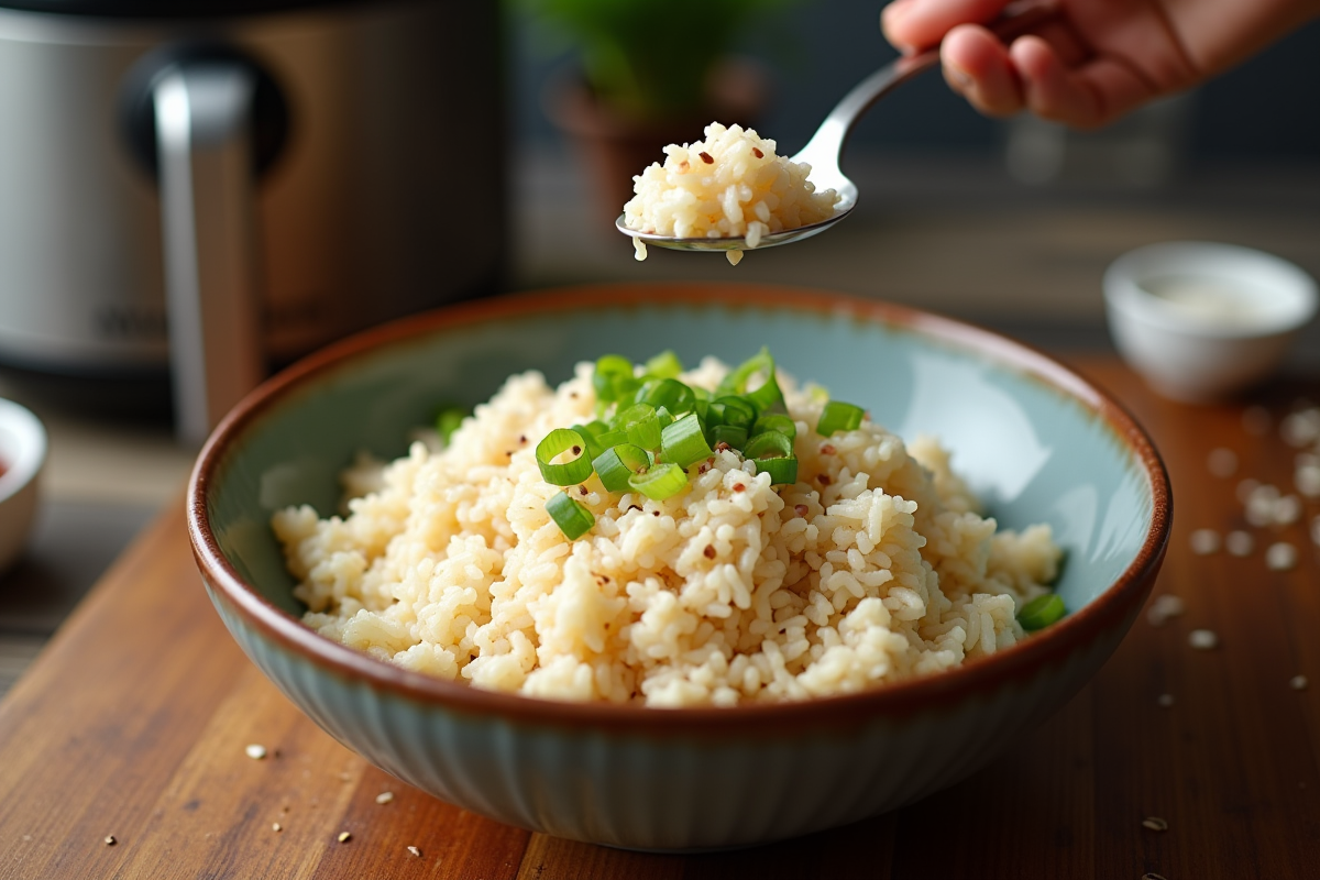 Bol de riz assaisonné avec oignons et sésame près du Moulinex