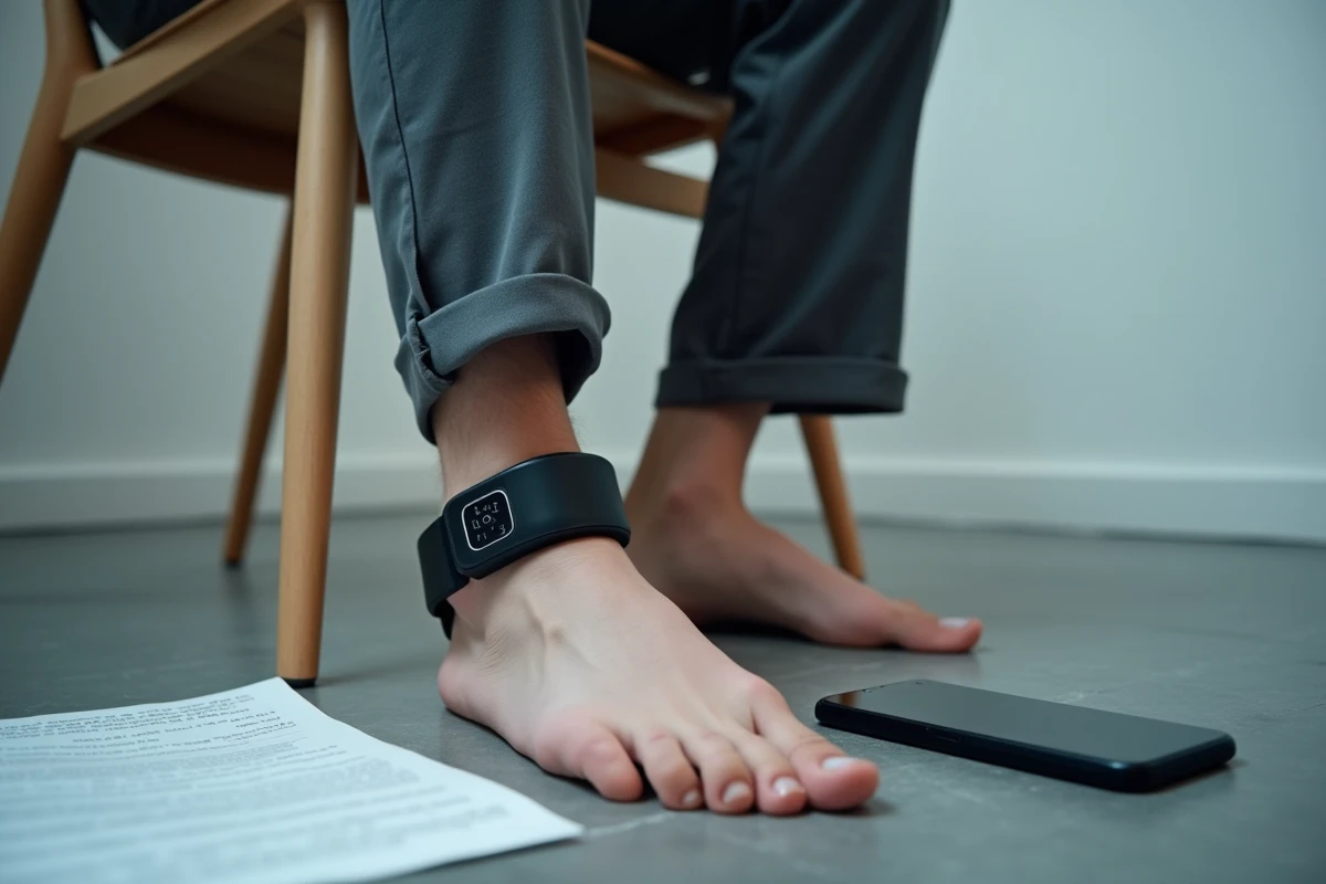 Gros plan d'un bracelet électronique de surveillance à la cheville avec des documents juridiques relatifs au calcul de remise de peine