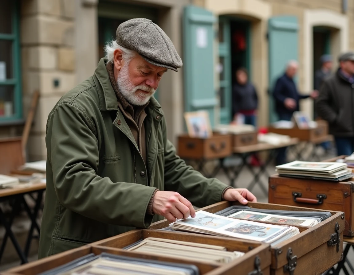 Homme en veste cirée chinant des vinyles et cartes postales anciennes dans une brocante en Meurthe-et-Moselle