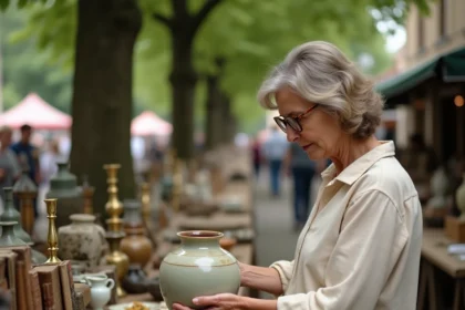 Femme examinant un vase en céramique ancienne sur un étal de brocante en plein air en Lorraine