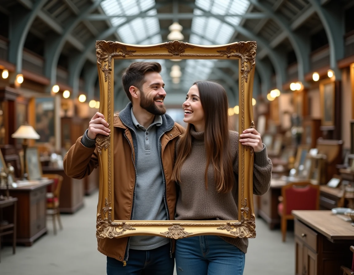 Jeune couple tenant un cadre en bois doré lors d'une brocante intérieure à Nancy