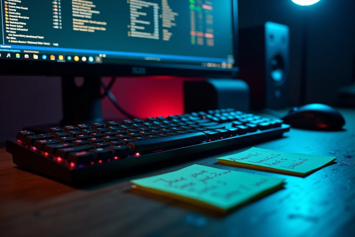 Bureau gaming avec écran affichant un gestionnaire de mods et des notes manuscrites sur les conflits de version