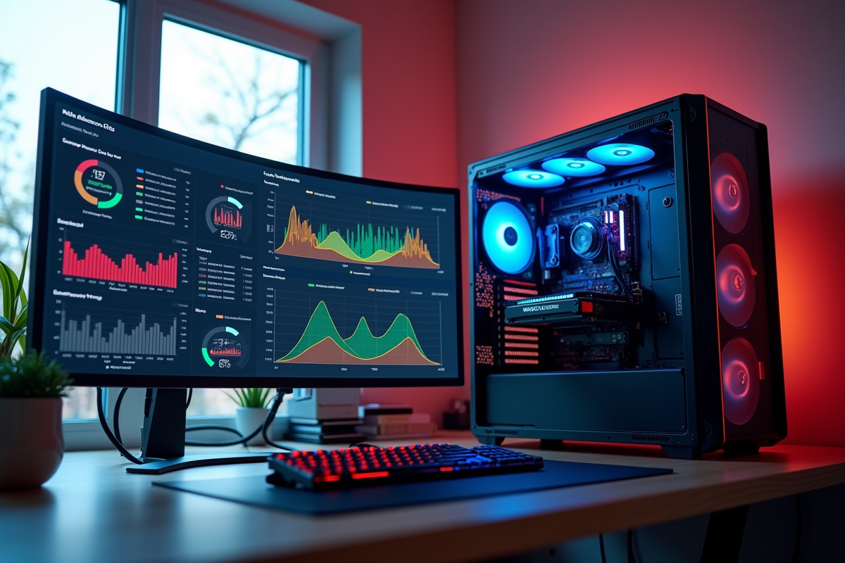 Espace de travail moderne avec carte graphique haut de gamme et écrans colorés