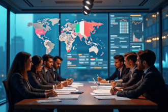 Groupe de professionnels dans un bureau moderne analysant des graphiques financiers