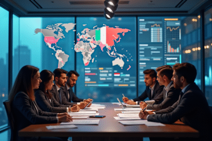 Groupe de professionnels dans un bureau moderne analysant des graphiques financiers