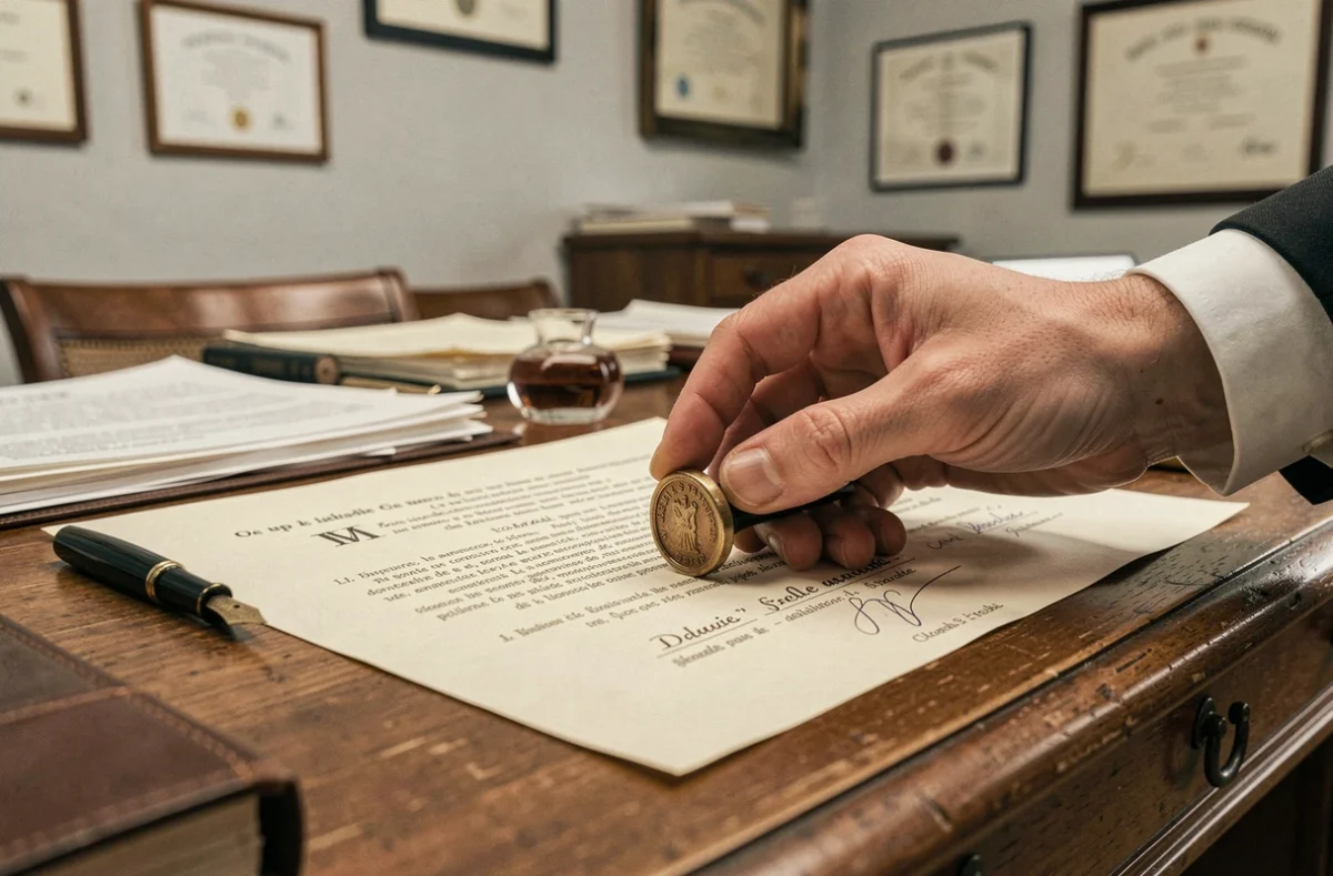 Gros plan sur la signature et le cachet officiel d'un acte notarié, avec la main d'un notaire appliquant le sceau sur un document juridique en papier épais