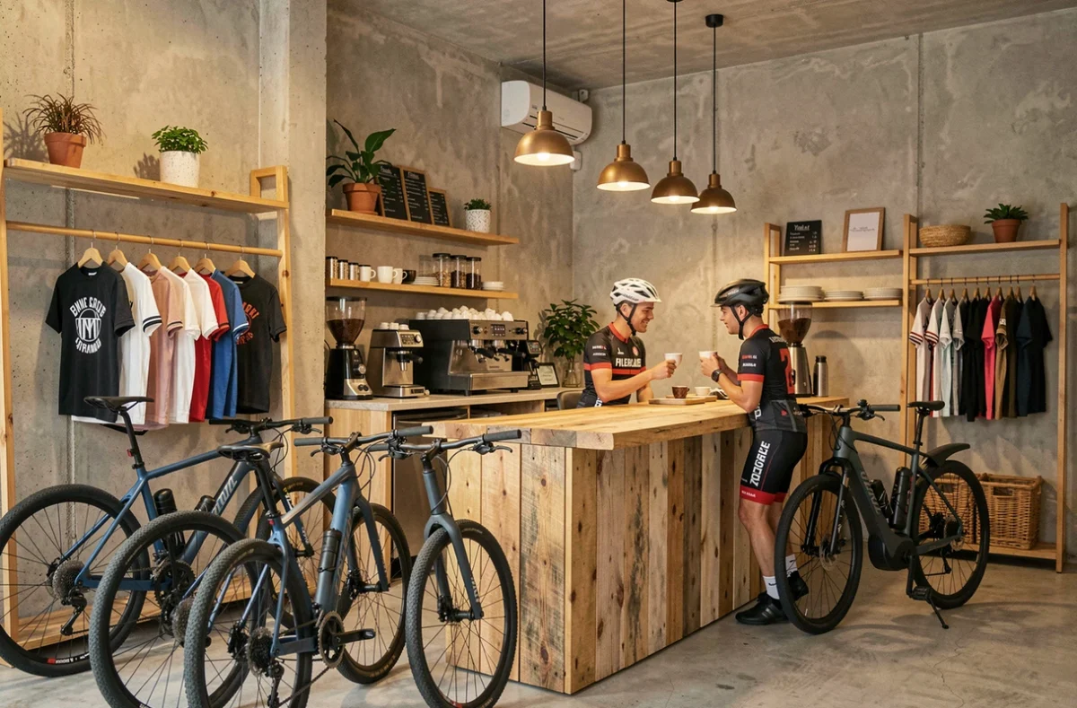 Cyclistes sirotant un café au comptoir du Café du Cycliste Nice avec des vélos électriques exposés en arrière-plan