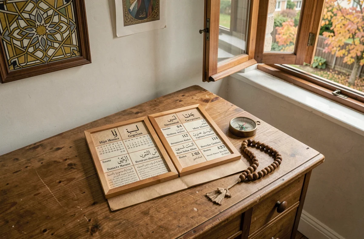 Calendrier hijri et grégorien des heures de prière posé sur un bureau avec un misbaha et une boussole qibla