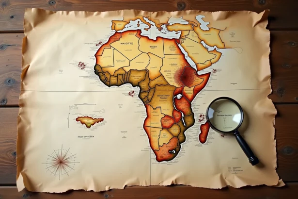 Carte de l'Afrique sur une table en bois avec Mayotte encerclée en rouge et annotations manuscrites en français