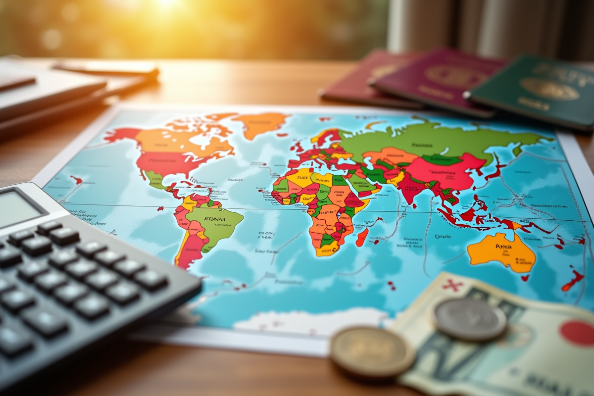 Carte du monde avec passeports et pièces de monnaie pour la fiscalité globale