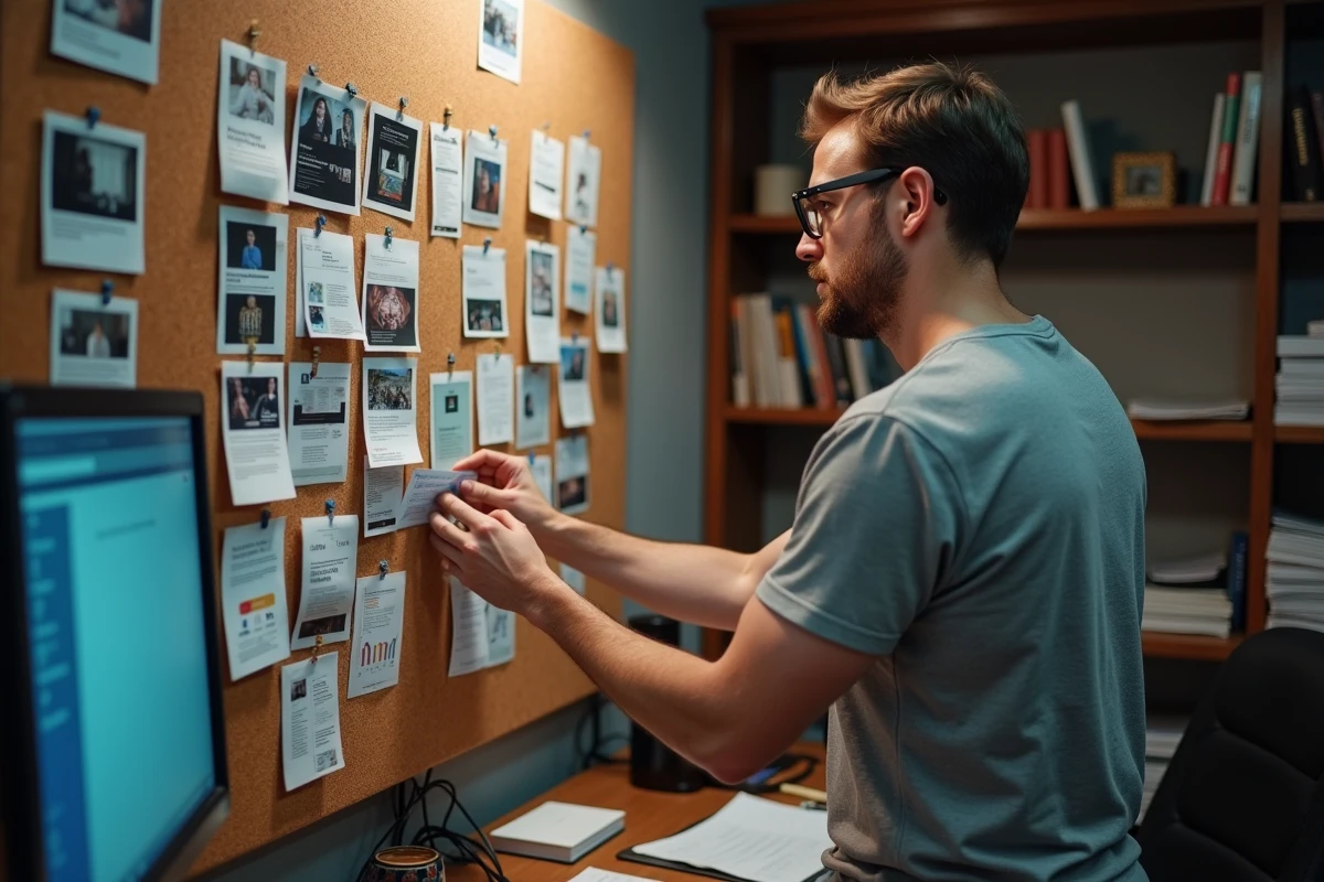 Homme cartographiant visuellement des contenus viraux sur un tableau de liège dans un bureau personnel, illustrant l'analyse critique des cultures émergentes en réseau