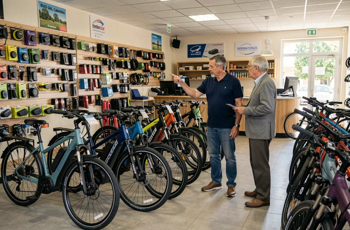 Vendeur conseillant un client senior sur les vélos électriques dans le magasin généraliste Castellan à Antibes