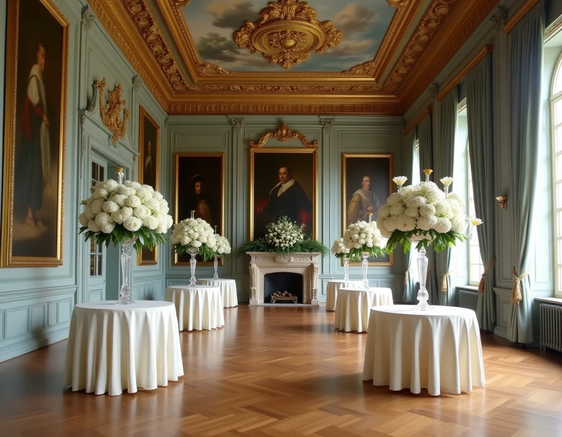 Château de Villefargeau avec salle de réception somptueuse en décoration classique française et tables en soie ivoire